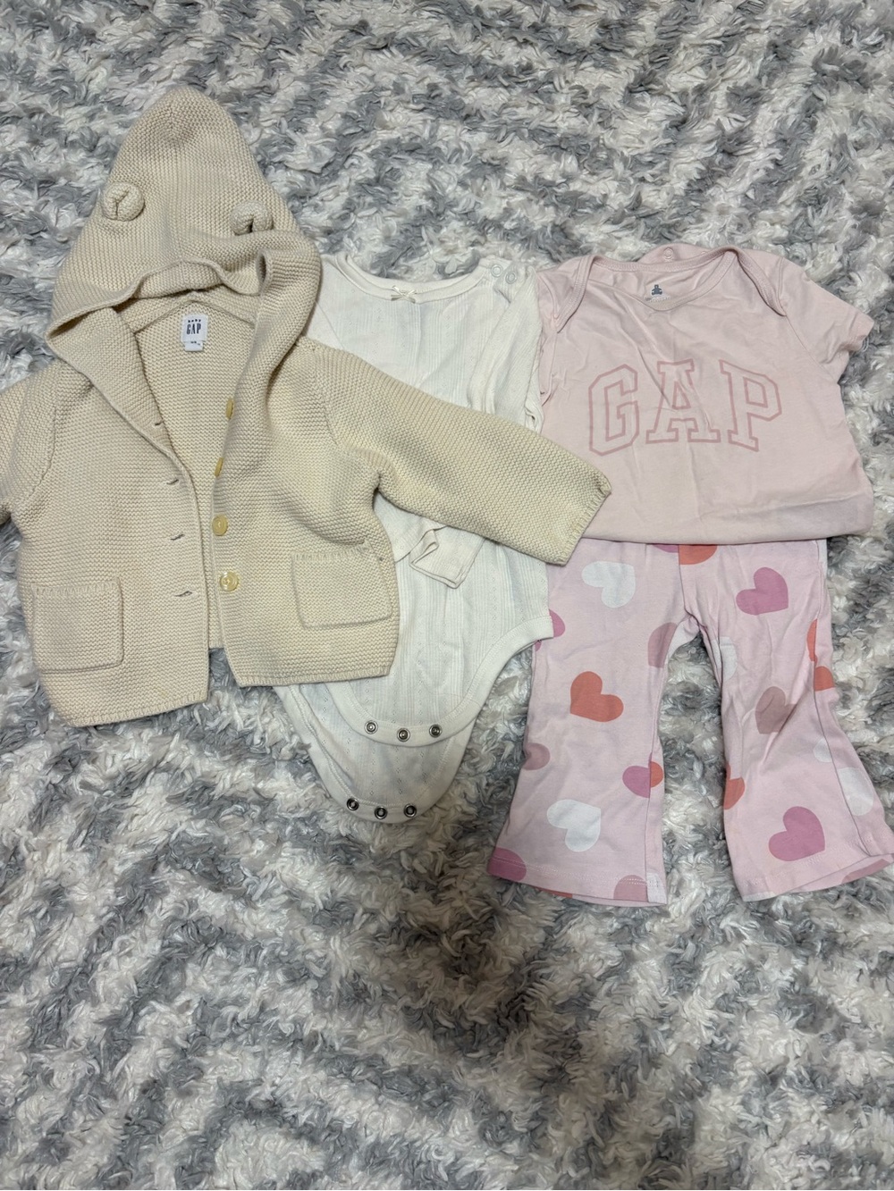 GAP Cream Knit Hooded Baby Cardigan with Pink GAP Tee & Heart Pants